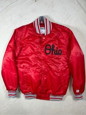 HOMAGE Medium The Ohio State University OSU Script Red Satin Ohio Bomber Jacket